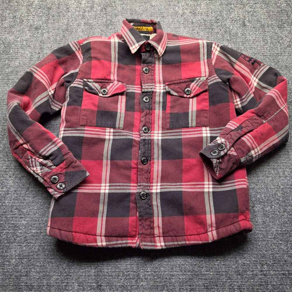 Billabong Boys Red Black Plaid Sherpa Lined Flannel Shirt Jacket Small B320DRUN